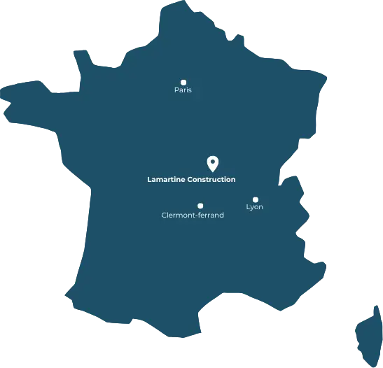 Carte de France indiquant l’emplacement de Lamartine Construction – Contactez-nous pour vos projets en béton, métal et aménagement zoologique.